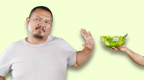 Overweight Asian Guy Refusing Eating Salad Offered His Wife Isolated — Stock Photo, Image