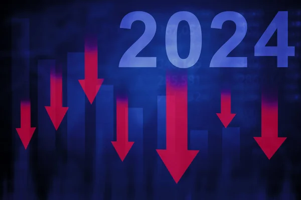 レッドダウトレンドの矢印は2024番です 2024年のコンセプトにおける景気後退または弱気市場 ストック写真