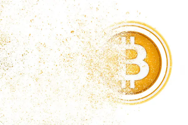 Золотые Биткойны Дезинтеграция Air Bitcoin Взрыв Рассеивают Кусочкам Уничтожение Btc Стоковое Фото