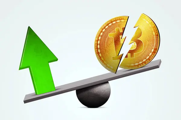 Bitcoin Halbierung Bitcoin Auf Der Wippe Mit Rotem Pfeil Nach Stockfoto