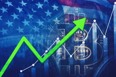 ABD pazarında Bitcoin Büyümesi Yükselen Çizelge ve Amerikan Bayrağı