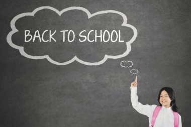 Gülen liseli kız, tahtada 'Okula Dönüş' mesajını düşünce baloncuğuyla işaret ediyor.