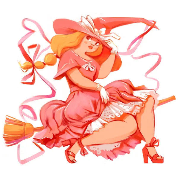 Glamouröse Kleine Hexe Auf Einem Besen Lustige Zeichentrickfigur Vereinzelt Auf — Stockfoto