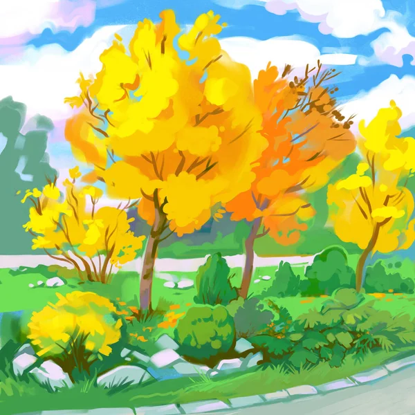 公园里的黄树 手工绘画的秋天风景 水彩画手绘 — 图库照片