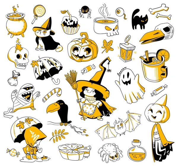 Feliz Halloween Gran Juego Garabatos Dibujados Mano Horror Colección Halloween — Vector de stock