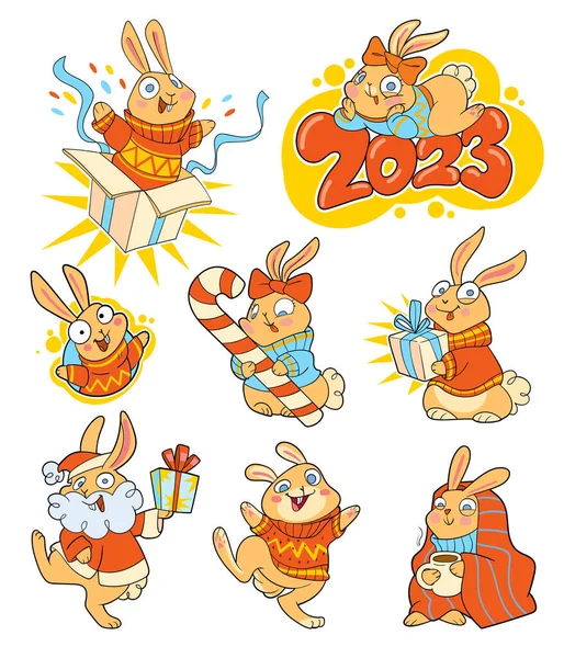 新年を祝うウサギのグループ カラフルな漫画のキャラクター 面白いベクトルイラスト 漫画風 白い背景に隔離されている 子供セット — ストックベクタ