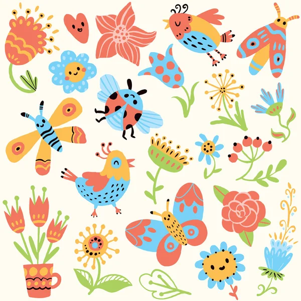 Dziecinny Wzór Płaskimi Ptakami Kwiatami Słodkimi Owadami Kolorowe Postacie Kreskówek — Wektor stockowy