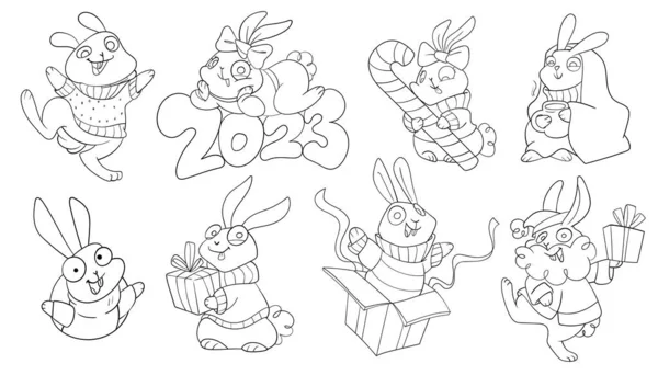 一群兔子庆祝新年 黑白卡通人物 有趣的矢量说明 被白色背景隔离 彩色的书 儿童集合体 — 图库矢量图片