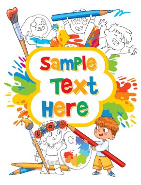 Boyama kitabı kapağı konsepti. Siyah ve beyaz çocuklar birbirlerini farklı renklerde boyarlar. Renkli çizgi film karakterleri. Komik vektör çizimi. Beyaz arkaplanda izole