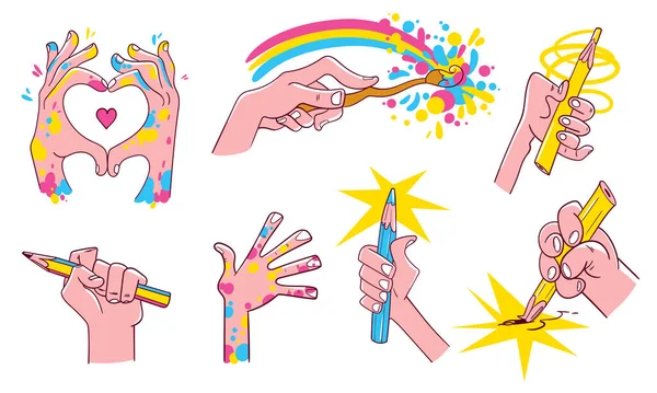 Künstlerische Hände Verschiedene Handgesten Satz Motivations Aufkleber Set Von Cartoon — Stockvektor