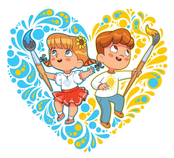 男の子と女の子の心の形で大きな黄色の青の装飾をブラシでペイント カラフルな漫画のキャラクター 面白いベクトルイラスト 白地に隔離された — ストックベクタ