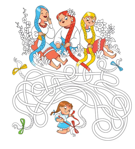 Puzzle Labirinto Bambini Colorare Trecce Delle Donne Fino Alla Fine — Vettoriale Stock