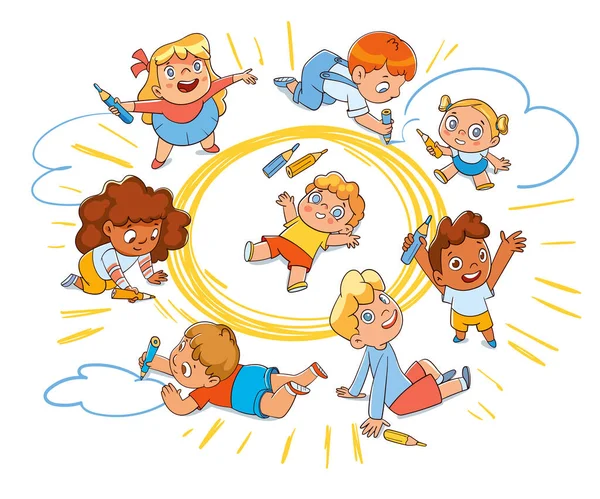 子供たちは床に大きな太陽を描く 最上階だ カラフルな漫画のキャラクター 面白いベクトルイラスト 白地に隔離された — ストックベクタ