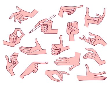 Various gestures of hands. Set of cartoon vector illustrations. Isolated on white background clipart