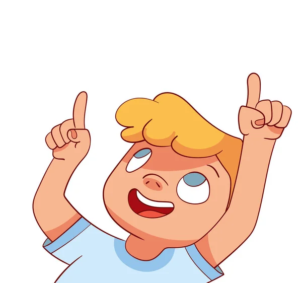 少年は指を上に向ける 子供のデザインのテンプレート カラフルな漫画のキャラクター 面白いベクトルイラスト 漫画風 白地に隔離された — ストックベクタ