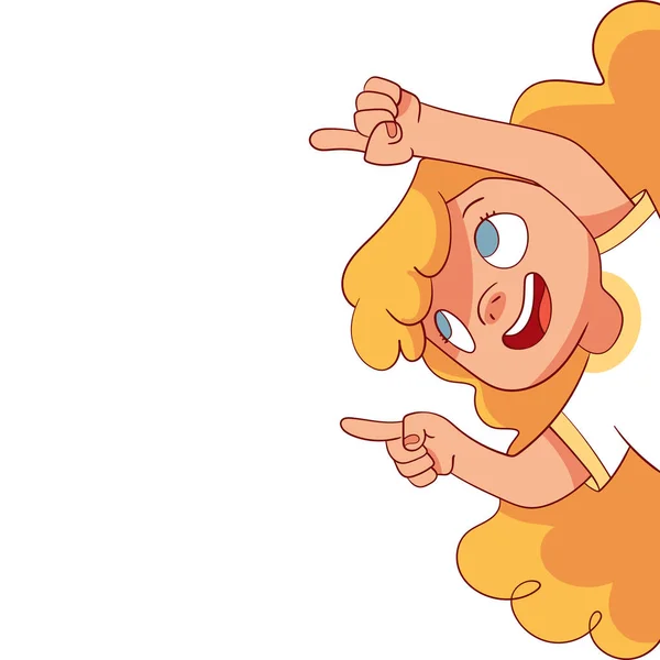 少女は指をどこかの方向に向けている 子供のデザインのテンプレート カラフルな漫画のキャラクター 面白いベクトルイラスト 漫画風 白地に隔離された — ストックベクタ