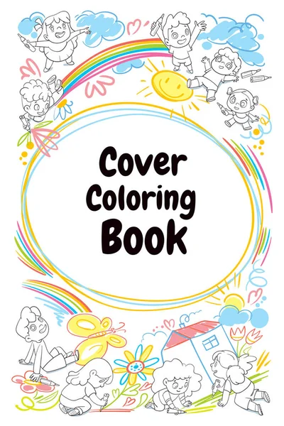 아이들은 색깔있는 크레용으로 낙서를 책이나 아이들 포스터 캐릭터 일러스트입니다 배경에 — 스톡 벡터