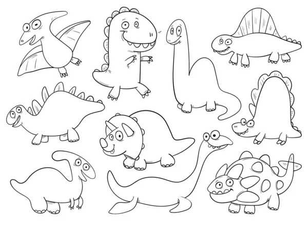 Conjunto Dinosaurios Lindos Personajes Dibujos Animados Blancos Negros Divertida Ilustración — Vector de stock