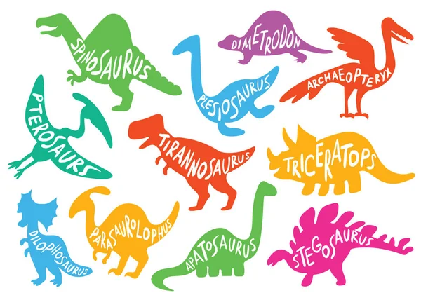 Zarys Dinozaurów Napisami Środku Zestaw Sylwetek Dinozaurów Kolorowe Postacie Kreskówek — Wektor stockowy