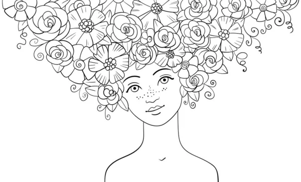 头发上长着花的女孩 精致的女性设计模板 黑白画 矢量图解 因白人背景而被隔离 — 图库矢量图片