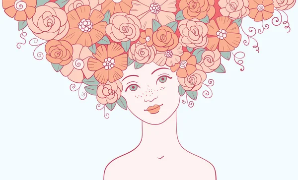 Dziewczyna Kwiatami Włosach Delikatny Szablon Kobiecego Designu Rysunek Pastelowych Kolorach — Wektor stockowy