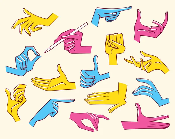 Vários Gestos Mãos Diferentemente Coloridas Conjunto Ilustrações Vetoriais Desenhos Animados —  Vetores de Stock