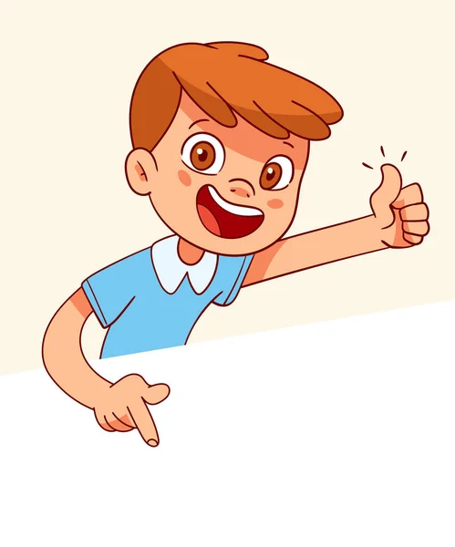 少年は空のポスターを指差して指を指す 子供のデザインのテンプレート カラフルな漫画のキャラクター 面白いベクトルイラスト 漫画風 白地に隔離された — ストックベクタ