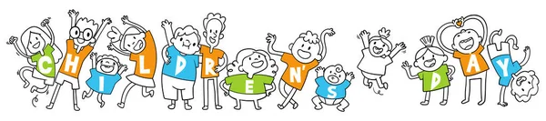 一群穿着T恤衫的孩子们 国际儿童节 儿童模板的设计 多彩的卡通人物有趣的矢量说明 因白人背景而被隔离 — 图库矢量图片