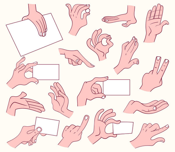 Various gestures of hands. Set of cartoon vector illustrations. Isolated on white background