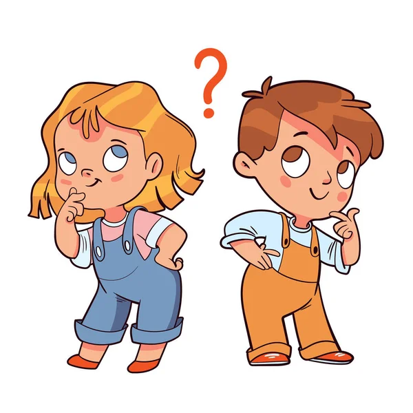 女の子と男の子は質問を考えて立っている 子供のデザインのテンプレート カラフルな漫画のキャラクター 面白いベクトルイラスト 漫画風 白地に隔離された — ストックベクタ