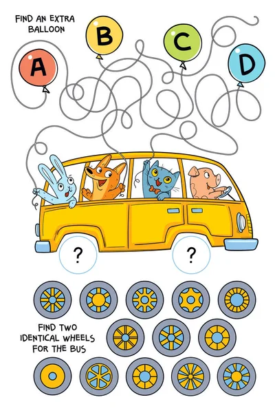 给公共汽车找两个一模一样的轮子 谁的气球呢 找一个额外的气球 儿童教育游戏 多彩的卡通人物有趣的矢量说明 — 图库矢量图片