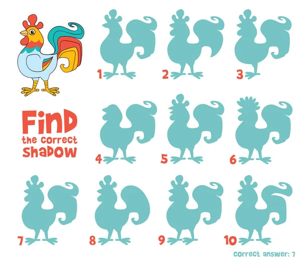 Hahn Finden Sie Den Richtigen Schatten Lernspiel Für Kinder Zeichentrickvektorillustration — Stockvektor