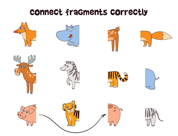Tierfragmente Richtig Verbinden Lernspiel Für Kinder Kinderpuzzle Für Die Kleinen — Stockvektor