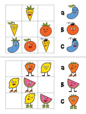 Logical tasks composed of fruit. IQ test. Choose correct answer. Educational game for children