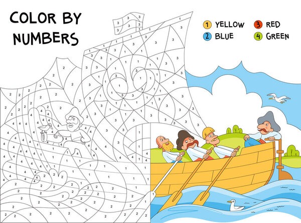 Color by numbers. Pirates sailing on a boat. Educational game for kids. Children Coloring Book. Colorful cartoon characters. Funny vector illustration