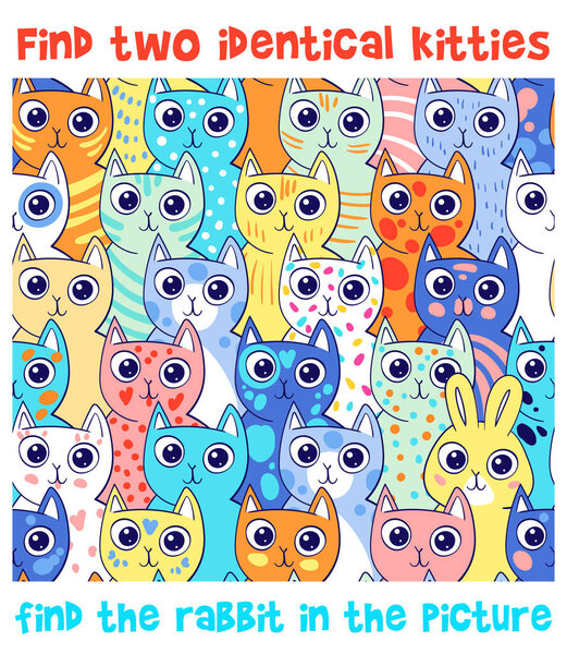 Find two identical cats. Find the rabbit in the picture. Find 2 same objects. Repeating ornament with cats. Educational game for children. Colorful cartoon characters. Funny vector illustration