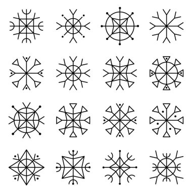 Bir dizi siyah kar tanesi ikonu. Beyaz arkaplanda izole