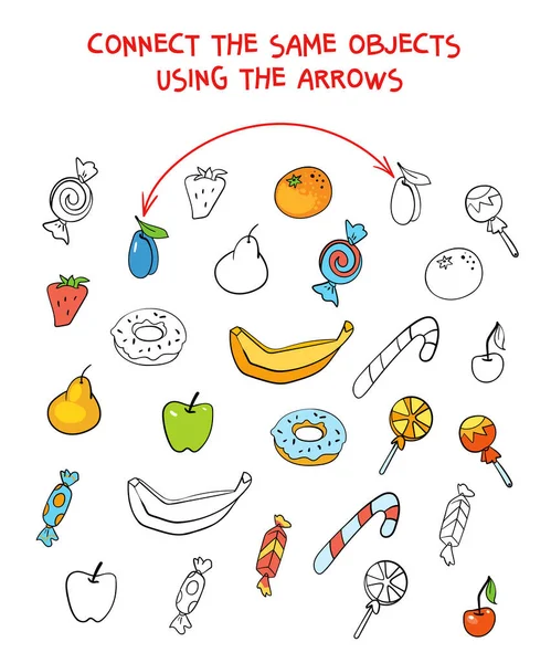 Verbinden Sie Dieselben Objekte Obst Und Süßigkeiten Lernspiel Für Kinder — Stockvektor