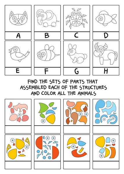 找出组装每个结构的组件集 把所有动物都涂上颜色儿童教育游戏 多彩的卡通人物有趣的矢量说明 因白人背景而被隔离 — 图库矢量图片