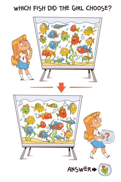 那女孩选了哪条鱼 找出差异拼图游戏 在图片中找到隐藏的物体 字谜隐藏项目 儿童教育游戏 多彩的卡通人物 — 图库矢量图片
