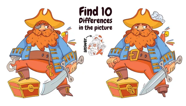 Pirate Find Differences Picture Educational Game Children Choose Correct Answer — Stock Vector