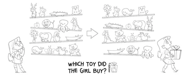 パズルゲームの違いを見つける 女の子はどのおもちゃを買った 写真に隠されたオブジェクトを見つけます パズル隠しアイテム 子供のための教育ゲーム ぬり絵 漫画家 — ストックベクタ