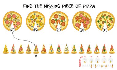Kayıp pizzayı bul. Bulmaca Gizli Öğeler. Eşleştirme oyunu. Çocuklar için eğitici bir oyun. Renkli vektör çizimi. Beyaz arkaplanda izole