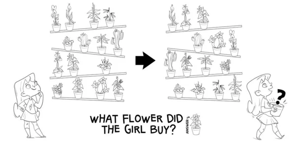 パズルゲームの違いを見つける 女の子はどんな花を買いましたか 写真に隠されたオブジェクトを見つけます パズル隠しアイテム 子供のための教育ゲーム ぬり絵 漫画家 — ストックベクタ