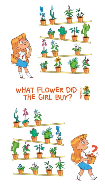 パズルゲームの違いを見つける 女の子はどんな花を買いましたか 写真に隠されたオブジェクトを見つけます パズル隠しアイテム 子供のための教育ゲーム カラフルな漫画のキャラクター 面白いイラスト — ストックベクタ