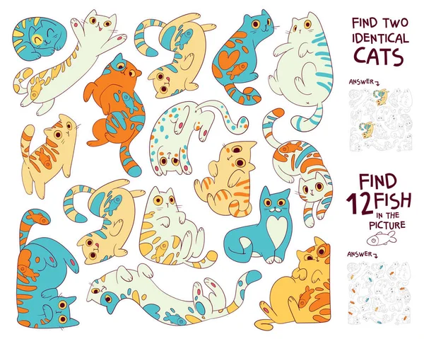 Знайдіть Двох Однакових Котів Малюнку Знайдіть Рибок Зображенні Знайти Приховані — стоковий вектор