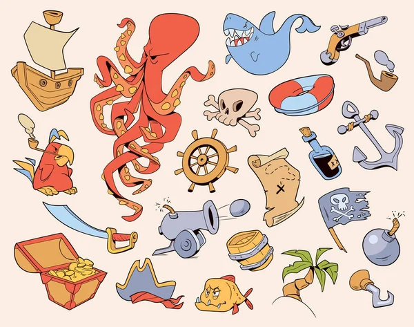 海賊のアイコンセット 子供のためのシームレスなパターン 漫画風 面白いベクトルイラスト 白い背景に隔離されている 漫画家 — ストックベクタ