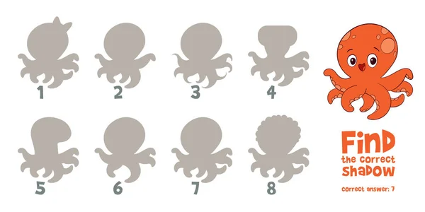 小章鱼 找到正确的影子 找到两个相同的物体 儿童教育游戏 选择正确的答案 多彩的卡通人物有趣的矢量说明 孤立的白色背景 — 图库矢量图片