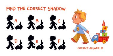 Doğru gölgeyi bul. Oyuncak kamyonlu bir çocuk. Çocuklar için eğitici bir oyun. Doğru cevabı seç. Eşleştirme oyunu. Renkli çizgi film karakterleri. Komik vektör çizimi. Beyaz arkaplanda izole