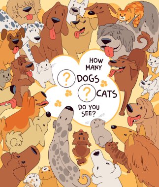 Kaç tane kedi ve köpek görüyorsun? Resimde kaç tane hayvan olduğunu say. Çocuklar için eğitici bir oyun. Bulmaca Gizli Öğeler. Renkli çizgi film karakterleri. Komik vektör illüstrasyonu